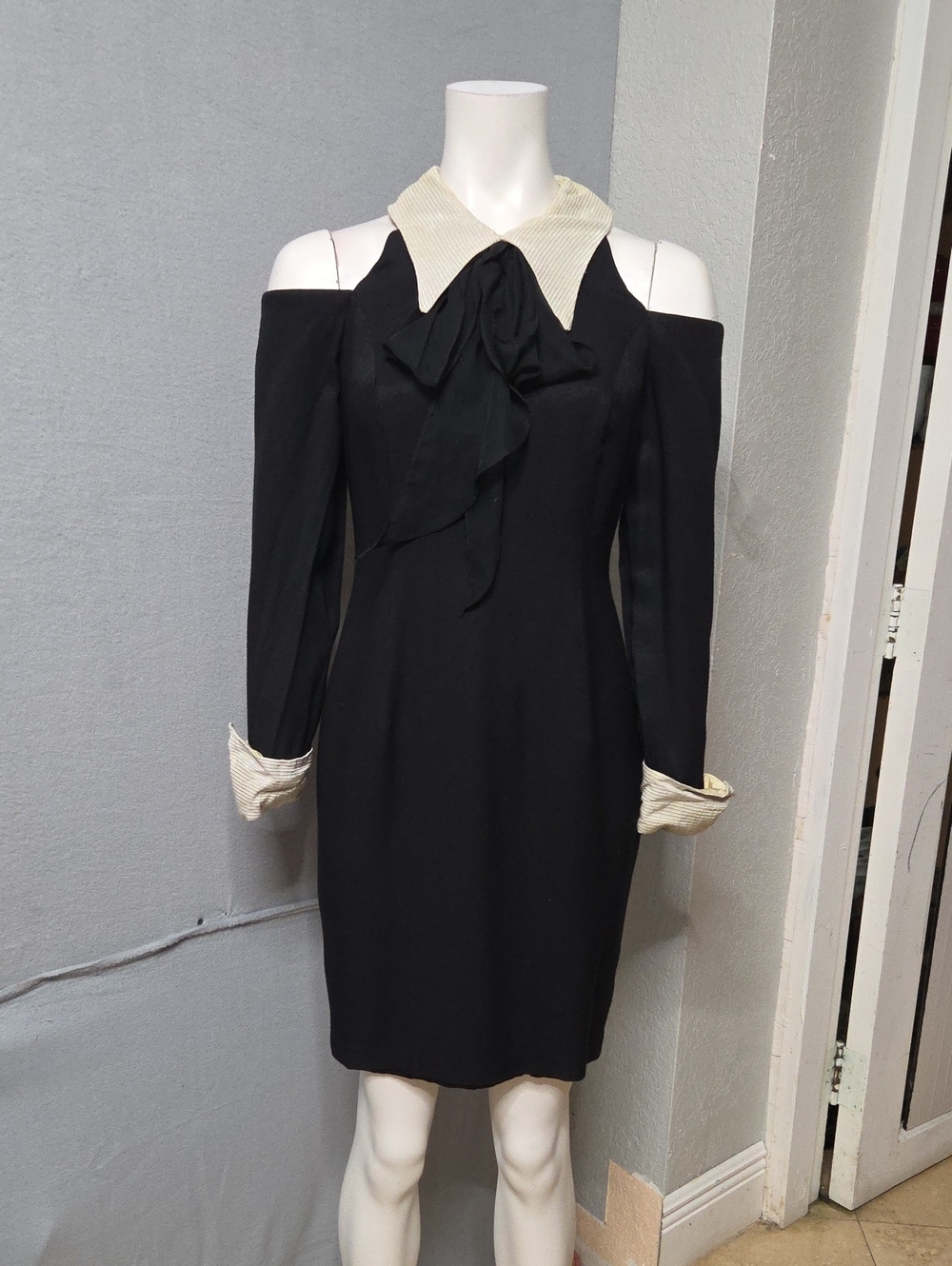 Vintage Lew Magram Collection NY Cold Shoulder Tuxedo Dress Black Cream Bow.